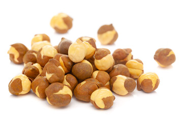Micro close-up and details of Organic Indian dry fruit cashew nut (Anacardium occidentale)    isolated over white background.
