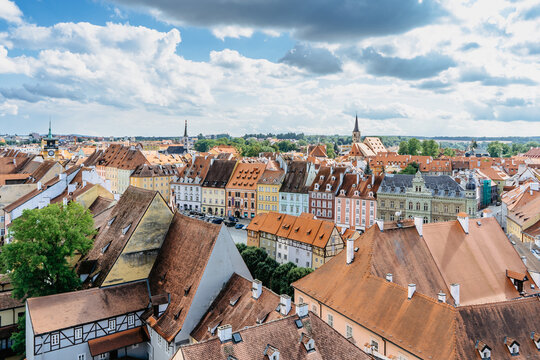 Cheb, Czech Republic. Town in Western Bohemia on river Ohre.Aerial panoramic view of Market Place with colorful Gothic houses from 13th century.Medieval cobblestone square with merchants' buildings.