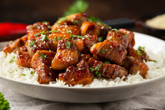 Chinese traditional cuisine sticky braised pork belly with rice on white plate