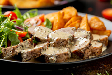 Roast Pork Tenderloin in mustard gravy with vegetables and potato wedges