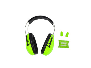 Headphones and earplugs to protect ears from loud noises on a white background.