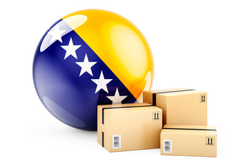 Parcels with Bosnian flag. Shipping and delivery in Bosnia and Herzegovina, concept. 3D rendering