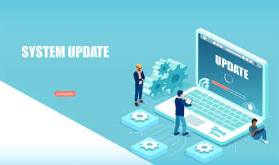 Vector of a team of technical support people updating computer software