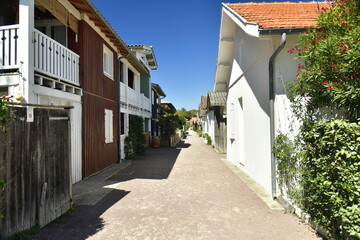 Rue sur sable entre les maisons de pêcheurs traditionnelles à Canon dans la baie d'Arcachon en...