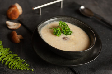 Cream soup from fresh forest mushrooms cep, boletus. Top view, close-up
