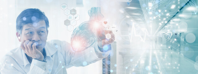 Medicine doctor surgeon,touching visual screen digital human heart and diagnostics analysis,concept futuristic cardiologist medical and technology,hologram heartbeat,interface network connection