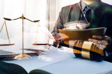Business and lawyers discussing contract papers with brass scale on desk in office. Law, legal services, advice, justice and law concept picture with film grain effect