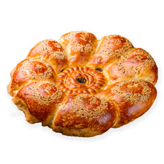 Uzbek bread from tandoor with raisin side view, isolated on white background