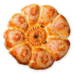 Uzbek bread from tandoor with raisin top view, isolated on white background