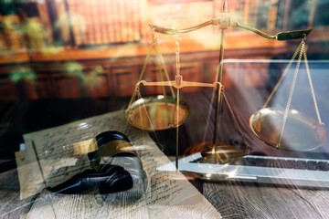 Business and lawyers discussing contract papers with brass scale on desk in office. Law, legal services, advice, justice and law concept picture with film grain effect