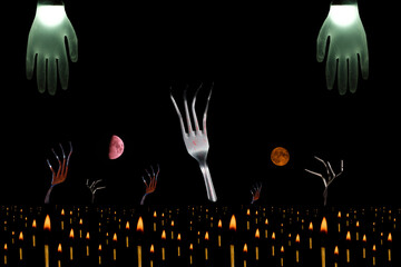 Halloween concept. Curved forks with candles on a dark background. 