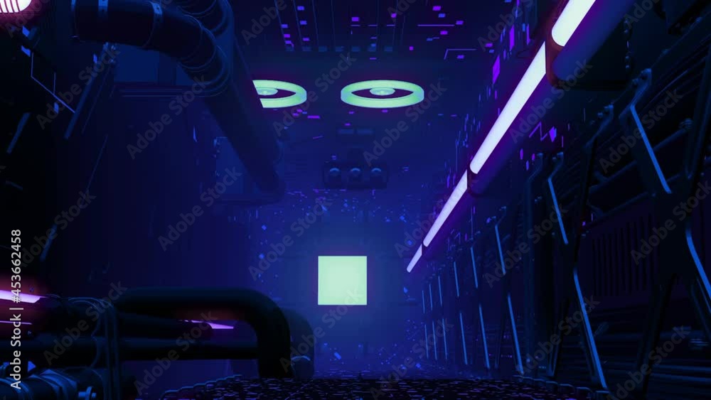 Poster 3d programming room. action. underground room with glowing program walls. basement room for programm
