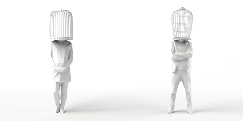 Woman and man with a cage instead of a head. Abstract concept of freedom. Mental health. 3D illustration. Copy space.