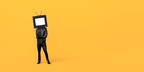 Man with an old television instead of a head. Passive subjects. Control and manipulation of mass media. Television audience. 3D illustration. Copy space.