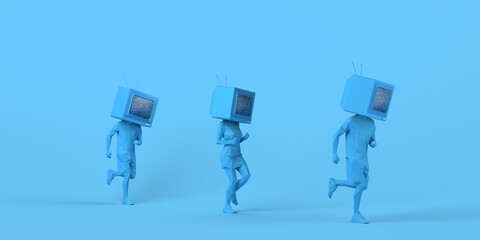People running with an old television instead of a head. Passive subjects. Control and manipulation of mass media. Television audience. 3D illustration. Copy space.