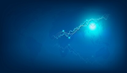 Blue neon candlestick and chart world stock market investment chart stock trading bullish point bear market trend trend graph vector with world map blue background