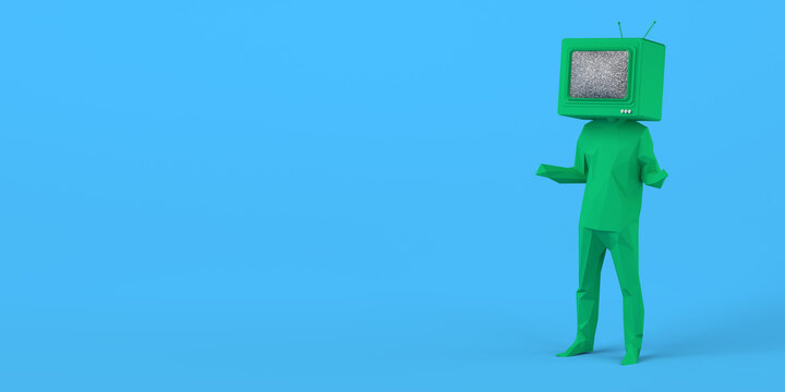 Man with an old television instead of a head. Passive subjects. Control and manipulation of mass media. Television audience. 3D illustration. Copy space.
