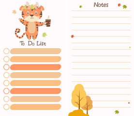 Autumn planner organizer with cute tiger with autumn leaves and trees. A set of vertical templates - To-do list and notes. Vector illustration. Note paper, organizer, time management, planner