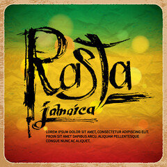 "Rasta Jamaica" Hand Written Brush Ink Lettering on Green Yellow Red Flag Background. Vector Illustration.