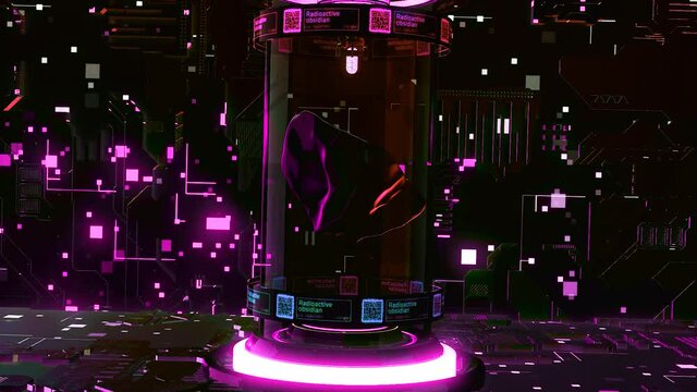 Space stone in capsule. Motion. 3D part of meteorite levitates inside capsule on spaceship. Neon technological walls with capsule and space flight