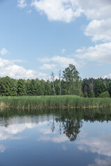 reflection of the sky covered with clouds in the mirror taken from the surface