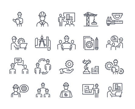 Set of icons with engineers and builders. Collection of stickers with employees, equipment, plan and tools. Design elements for websites. Line art flat vector illustration isolated on white background