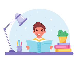 Boy reading book. Boy studying with a book. Vector illustration