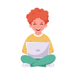Boy studying with laptop. Online learning, back to school concept. Vector illustration