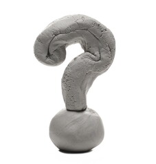 Grey modelling clay shaped in question mark sculpture isolated on white background
