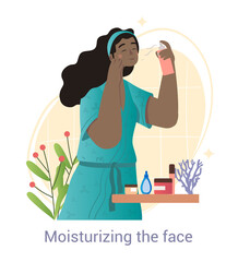 Moisturizing skin of face concept. Woman applies spray for rejuvenation, toning and nutrition. Character cares about his beauty. Cartoon modern flat vector illustration isolated on white background