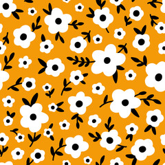 Ditsy Floral seamless pattern. Small white black meadow flowers, tiny wildflowers on orange background. Vintage Millefleur Vector texture for fashion, nursery print, textile, fabric, wrap, gift paper