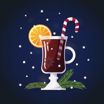 Christmas drink mulled wine with orange slice, anise star and caramel. Vector cartoon Illustration on dark background