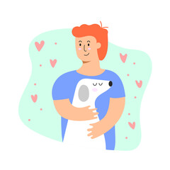Boy Hugging Cute Pet Dog Vector Template. This design can be used in Adopt Pet, Pet Care, Pet products and T shirt design.