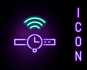 Glowing neon line Smartwatch icon isolated on black background. Internet of things concept with wireless connection. Colorful outline concept. Vector