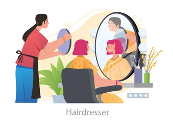 Hairdresser serves client concept. Woman with beautiful hairstyle look in mirror. Employee show result to visitor. Happy female character. Cartoon flat vector illustration isolated on white background