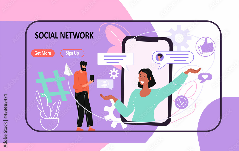 Poster layout of social network site. landing page with large phone and communicating characters. man and w