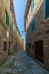 Fototapeta na wymiar Italian medieval village details, historical stone alley, ancient marrow street, old city stone buildings architecture. Santa Fiora, Tuscany, Italy.