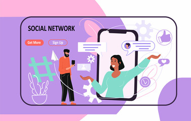 Layout of social network site. Landing page with large phone and communicating characters. Man and woman send messages. Cartoon contemporary flat vector illustration isolated on abstract background