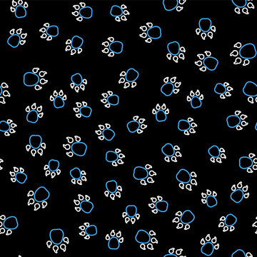 Line Paw print icon isolated seamless pattern on black background. Dog or cat paw print. Animal track. Vector