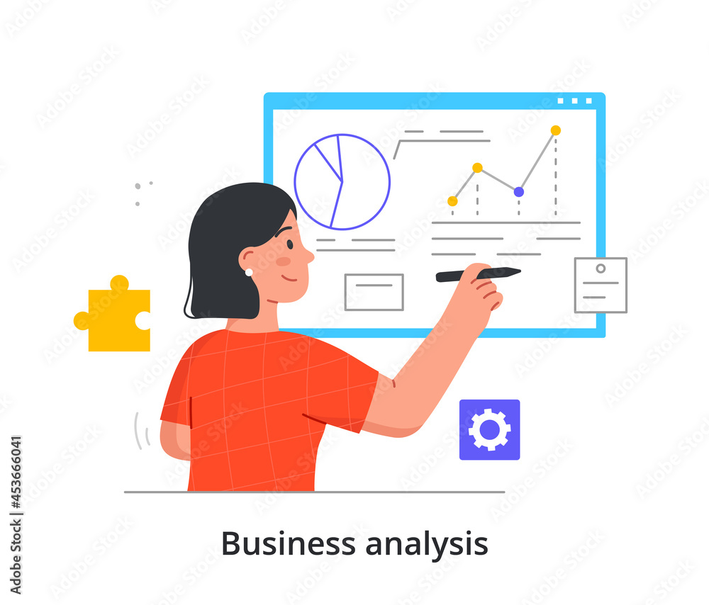 Poster analyzing business statistics. woman studies graphs and diagrams to development strategy. employee w