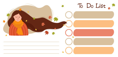 Fototapeta premium To do list. Fall affairs planner. girl with flowing hair and autumn leaves with list of notes. Vector. note paper, organizer, Day planning, time management. Flat illustration on white background
