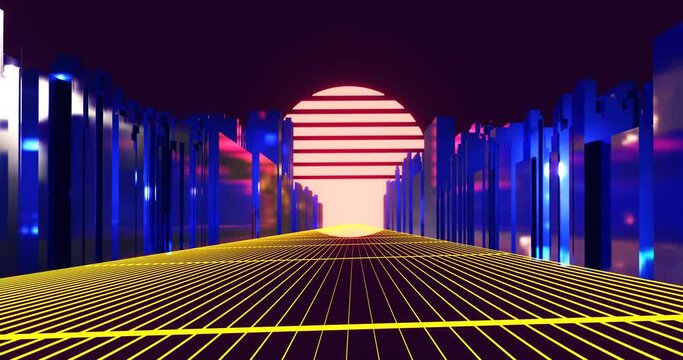 Neon glowing city with synthwave sun. Purple flashes on 3d render of skyscrapers with futuristic panorama of setting cyberpunk striped sun. Laser digital road going through virtual metropolis