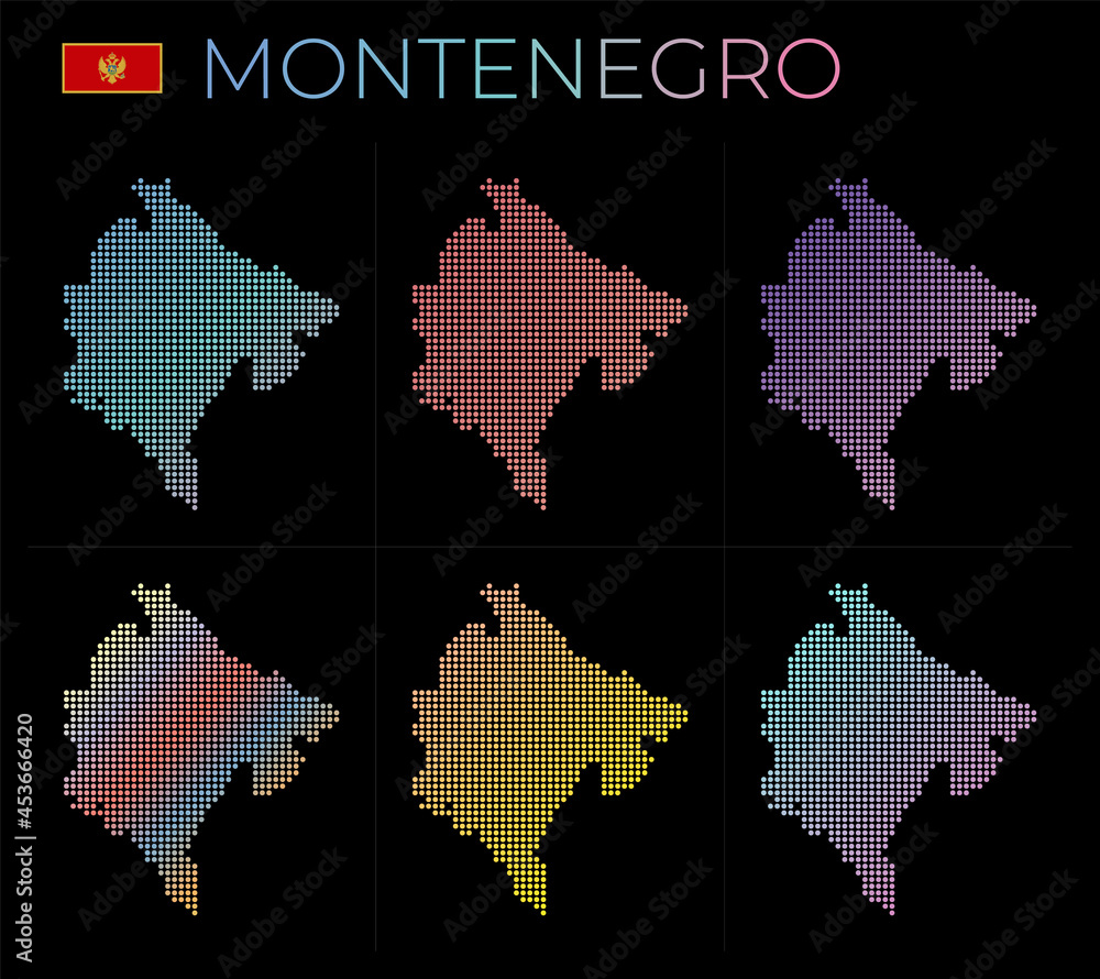 Poster montenegro dotted map set. map of montenegro in dotted style. borders of the country filled with bea