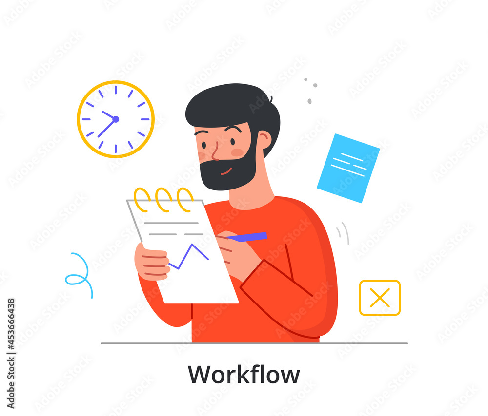 Poster working in office concept. man with notebook in his hands makes notes on project. employee records c