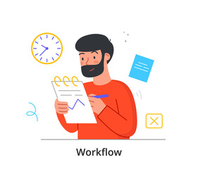 Working in office concept. Man with notebook in his hands makes notes on project. Employee records company data and new ideas. Cartoon modern flat vector illustration isolated on white background