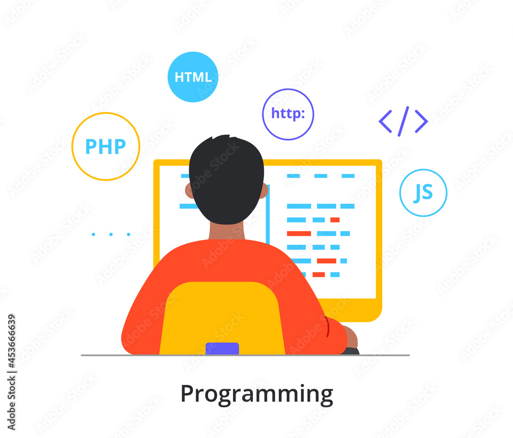 Poster developer at work concept. man sits at computer and creates website in special program. employee wor
