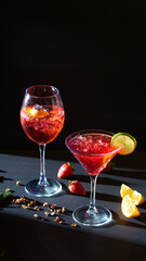 Aperol Spritz red aperitif cocktails in glass with ice on black background