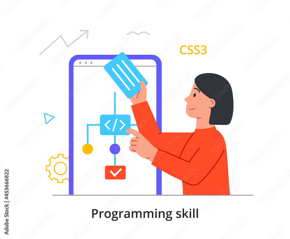 Poster programmer and developer skills concept. woman stands next to large smartphone and creates diagram f