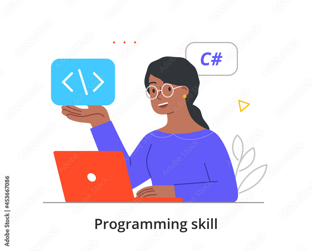 Poster web designer at work concept. female developer holds programming language symbol in her hands. chara
