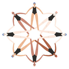 Synchronized swimming team. Group performance in the water. Vector illustration in flat style. Competitions or training in the swimming pool. Water sports concept.